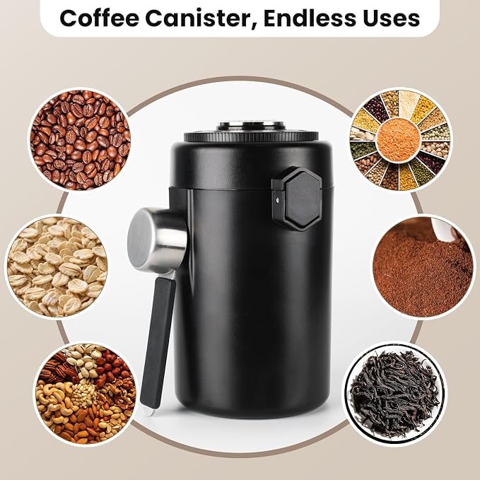 Coffee Canister with Humidity Meter, Airtight Stainless Steel Food Storage Container with Lids,Date Tracker,Venting Valve and Magnetic Scoop for Grounds Coffee,Beans,Tea,Flour,Cereal,Jars,16OZ,Black