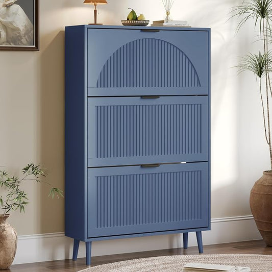 BORNOON Shoe Cabinet for Entryway with 3 Flip Drawers, Slim Wooden Shoe Storage Organizer with Modern Fluted Pannel，Freestanding Narrow Hidden Shoe Rack for Hallway, Foyer, Living Room