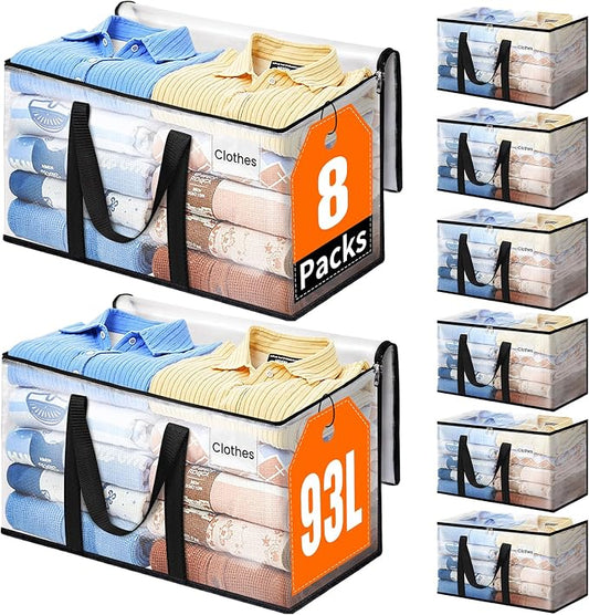 Moving Bags, Extra Large Heavy Duty Storage Bags, 93L, 8 Packs | Packing Bags with Smooth Zippers, Strong Handles & Tag Pocket, Water-Resistant Foldable Storage Totes, Moving Box Alternative