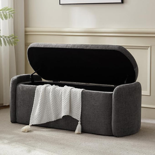 VKNOW Storage Bench, Upholstered Storage Ottoman Bench with Hinge, Grey | Ottoman Bench with Large Capacity, Curved Frame, Soft Fabric, Storage Bench for Bedroom, Living Room, Entryway, Window