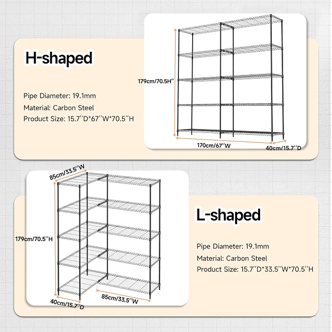 M MZG 5 Tiers Storage Shelves Load 1500LBS, Metal Shelving Wire Metal Shelving Unit Shelves for Storage Adjustable Garage Shelving for Pantry Kitchen Garage Black 15.8" D x 33.5" W x 70.5" H