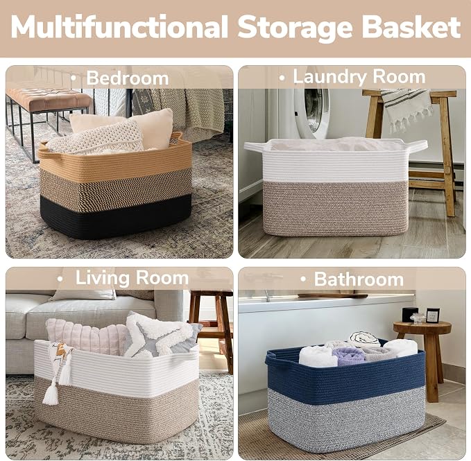 Goodpick 75L Extra Large Cotton Rope Storage Basket, 22" x 17" x 12", Brown | Blankets, Toys & Clothes Storage, Nursery, Living Room & Bedroom Organization, Decorative Storage Basket, Built-In Handles