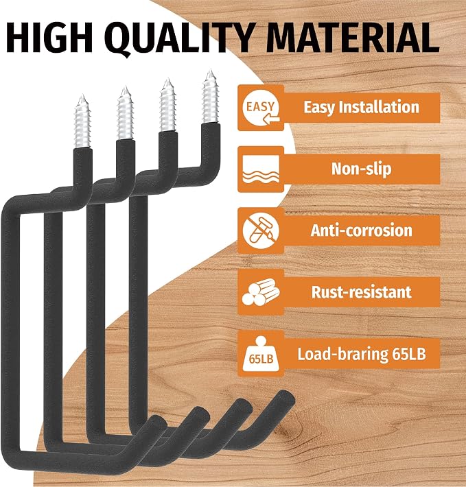 HUHOLE 4 Pack 5.7 Inch Screw in Ladder Hooks for Garage Wall | Utility Hangers with 65 lb Capacity for Ladders, Chairs, Bikes, Hoses, Wheelbarrows and Wall Mount Storage