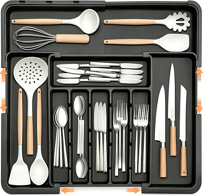 Silverware Organizer Expandable Kitchen Utensil Drawer Organizer Large BPA Free Adjustable Cutlery Silverware Tray for Spoons Forks Knives Storage Divider for Kitchen Flatware 6-9 Slots Black