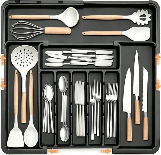 Silverware Organizer Expandable Kitchen Utensil Drawer Organizer Large BPA Free Adjustable Cutlery Silverware Tray for Spoons Forks Knives Storage Divider for Kitchen Flatware 6-9 Slots Black