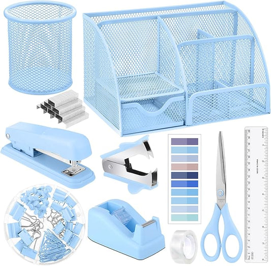 11 In 1 Blue Desk Organizer And Accessories, Light Blue Office Supplies Include Stapler, Tape Dispenser, Pen Holder, Staple Remover, Clips, Ruler, Scissors, Tapes, Tabs