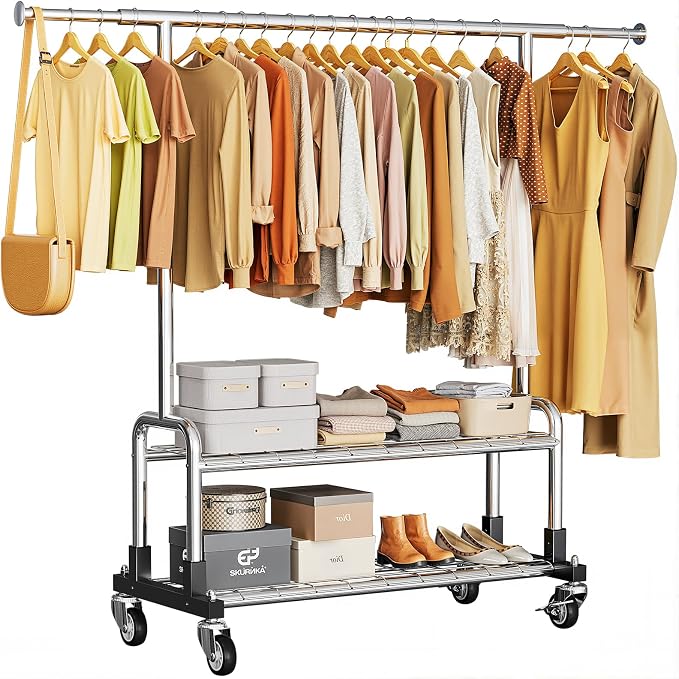 Luxspire Rolling Heavy Duty Clothes Rack with 2 Sturdy Shelves Load 600 LBS | Zinc-iron alloy frame, lockable silent wheels, adjustable extendable rods for bedroom and laundry room garment storage