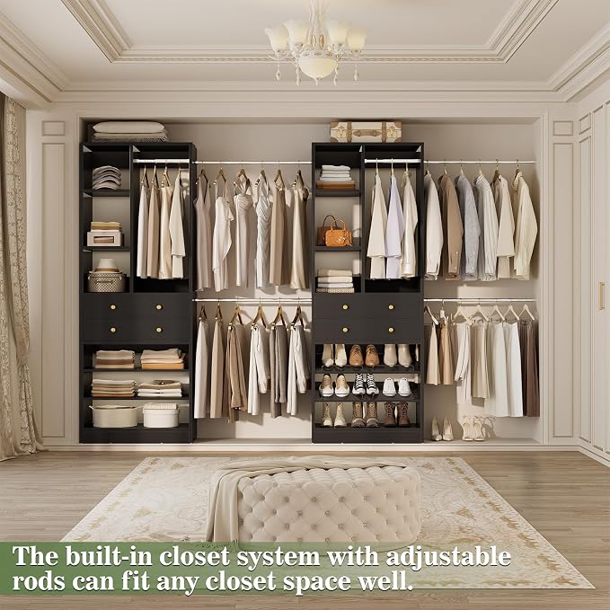 Besiost Closet System, Up to 134"/11.2 FT Closet Organizer with 4 Wooden Drawers and Shelves, Walk-in Closet System with 6 Hanging Rods, Built-in Closet Can Fit 96"/8FT, 120"/10FT, Black Set 2