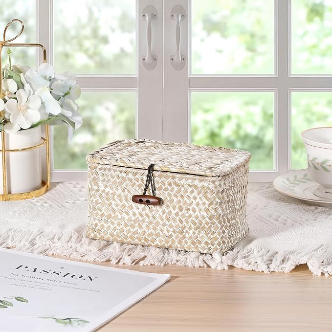 Small Wicker Basket with Lid, Decorative Box for Shelf | Rectangular Bin for Keys & Remotes, Multipurpose Shelf Storage, Durable Natural Seagrass, Whitewash, 6.1"x 4"x 3.3"
