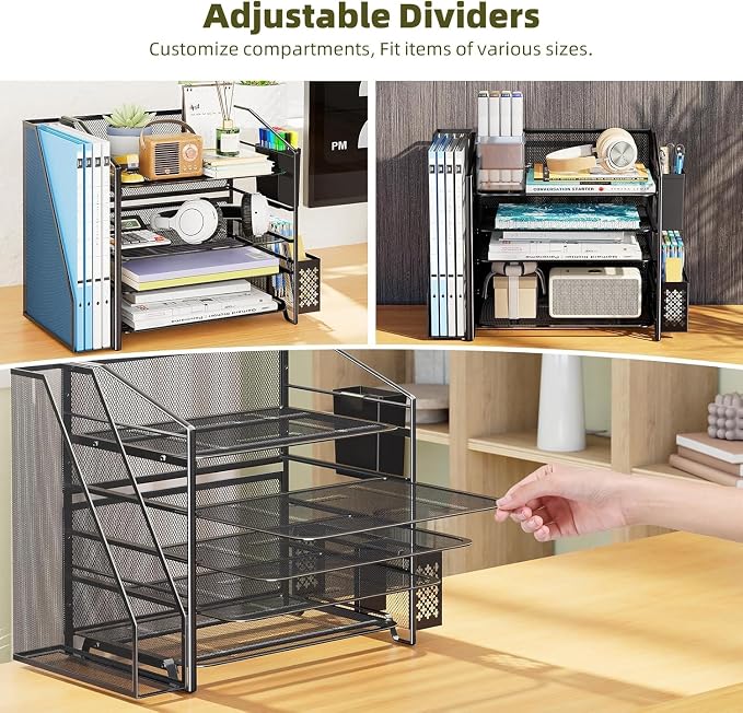 Simple Trending 5-Tier Desk File Organizer, Paper Organizer, Black | Adjustable Letter Trays, Pen Holder & File Shelf, Durable Steel Mesh, Space Saving, for Home Office, 17.5"L x 9"W x 13"H