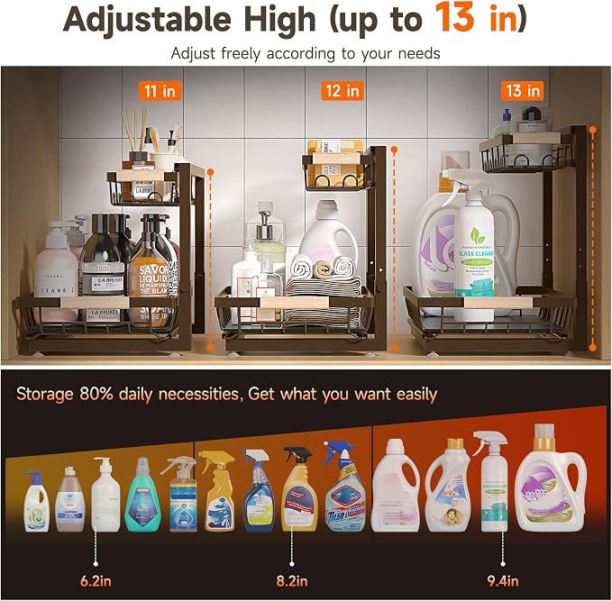 Sevenblue 2-Pack 2-Tier Height Adjustable Under Sink Organizer & Storage (Brown)