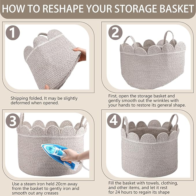 LemonRoad Brown Variegated Round Basket Large Blanket Basket 16" x 14" Scalloped Woven Baskets Cotton Storage Baskets for Nursery Classroom Closet Blankets Storage Home Decor