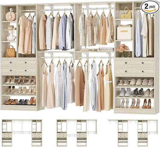 Besiost Closet System - 120"/10FT, 151.2"/12.6FT Closet System with Drawers, Built-in Closet Organizer System with Reversible Hanging Shelving and Hanging Rods, Greige Oak Set of 2
