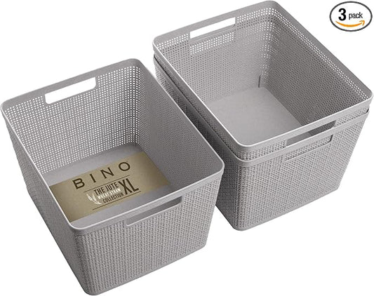 BINO | Woven Plastic Basket | Large (Natural Grey), 3-Pack | THE JUTE COLLECTION | Home Organization, Space - Saving Storage, Stylish Design | Jute Basket | Plastic Storage Basket