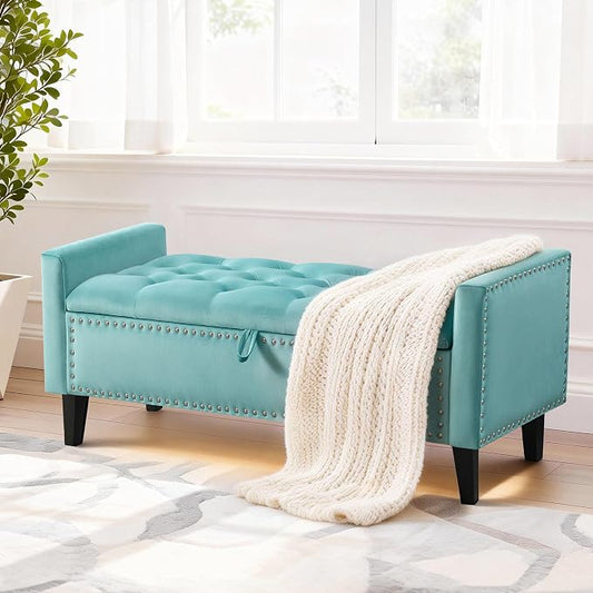 47in Velvet Storage Ottoman Bench with Arms, Upholstered Storage Bench with Wooden Legs, Storage Bench for Bedroom, Living Room, Entryway, Teal