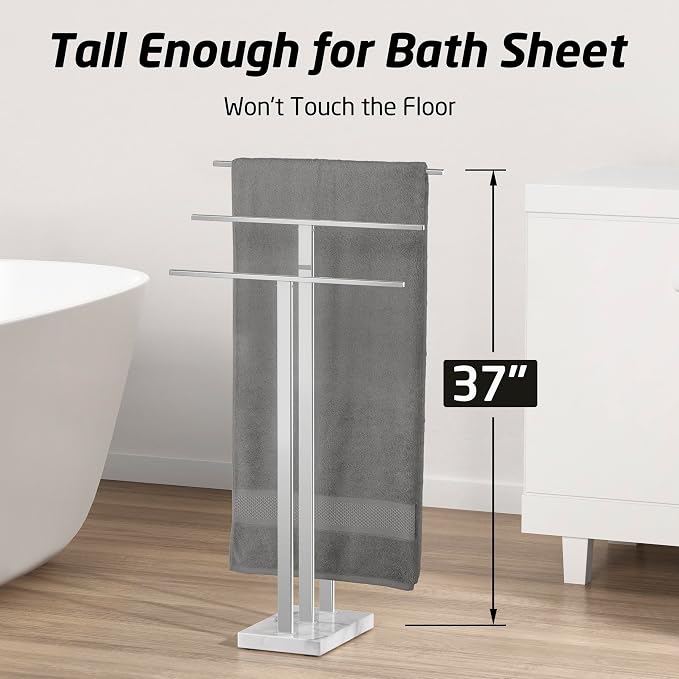 KES Heavy Marble Base Standing Towel Rack, 3-Tier Stainless Steel, Polished | Freestanding Design, No-Drill Assembly, Tiered Bars For Bath Sheets, Bath Towels, Hand Towels, Anti-Slip Pads