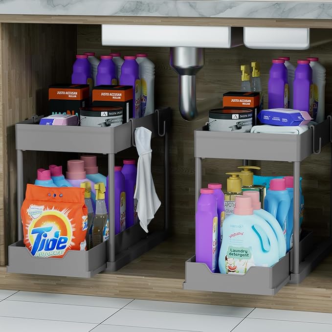 DEKAVA 2 Pack Under Sink Organizer, 2-Tier Sliding Cabinet Basket, Grey