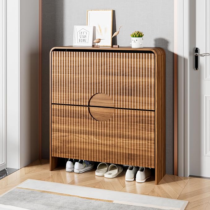 Narrow Shoe Cabinet with Entry Way, Slim Shoe Storage Cabinet for 2 Tier Doors, No Shelf, Fluted Hidden Shoe Rack Organizer for Entrance, Entry Way, Foyer, Walnut Small