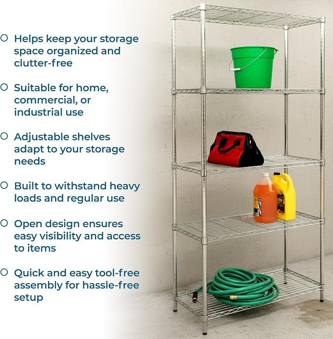 Honey-Can-Do 5-Tier Heavy Duty Adjustable Shelving Unit, 350-lb Per Shelf Metal Storage Rack, Chrome Wire Shelf for Garage Kitchen Basement Pantry, 36 x 16 x 72 in