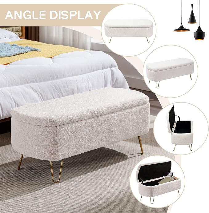 Modern Storage Ottoman Bench, Teddy Upholstered Entryway Bench with Gold Legs, Vintage End of Bed Bench with Safety Hinge, Padded Bench with Storage for Living Room, Bedroom, Entryway(Ivory)