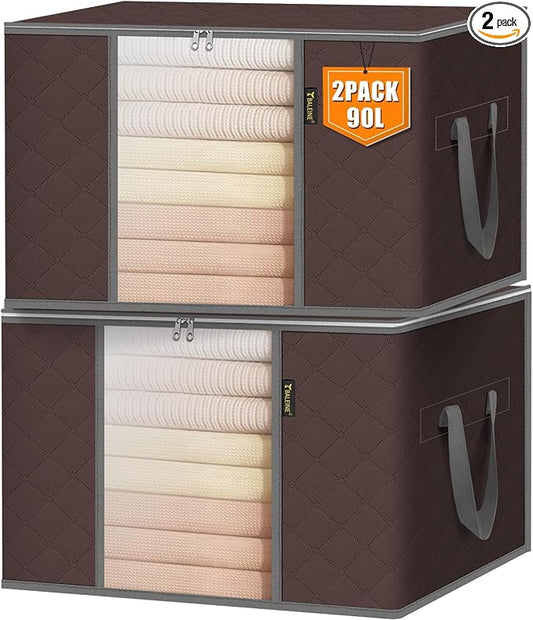 BALEINE 2 Pack Clothes Storage Bags, 24 Gallon Storage Containers with Reinforced Handle, Sturdy Zipper, Closet Organizer for Blanket, Comforter, Pillow, Bedding (Brown, 2 Pack)