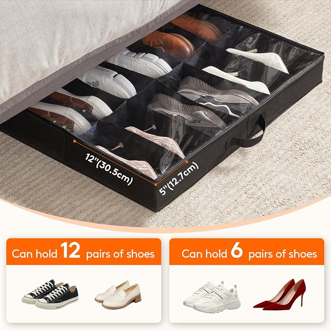 Lifewit Under Bed Shoe Storage Organizer 3 Pack(12 Shoes Cells), 4.3 Inches Profile Fabric Shoes Container Box with Clear Cover, Foldable Storage Bag with 2 Handles, Fits 18 to 36 Pairs