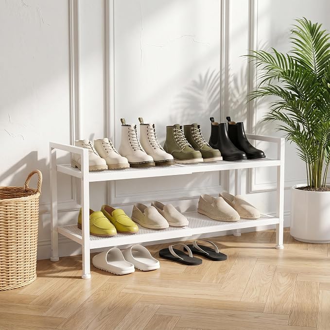 Shoe Rack, Expandable Shoe Rack for Closet, Adjustable Shoe Organizer for Entryway, Shoe Storage Organizer for Door Entrance, Garage, Bedroom (White, 2-Tier)