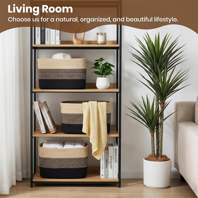Storage Baskets for Organizing, 14 x 10 x 9” Closet Shelf Woven Baskets, Square Bins with Handles, Cotton Rope Basket for Clothes, Office, Room, Black+Brown 1Pack
