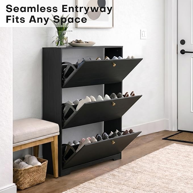 Nicetree Shoe Cabinet with 3 Flip Drawers, Entryway Shoes Organizer, Black | Narrow Shoe Organizer, Freestanding Shoe Rack Cabinet, Modern Shoe Storage Cabinet for Entryway, Hallway, Foyer, With Hook