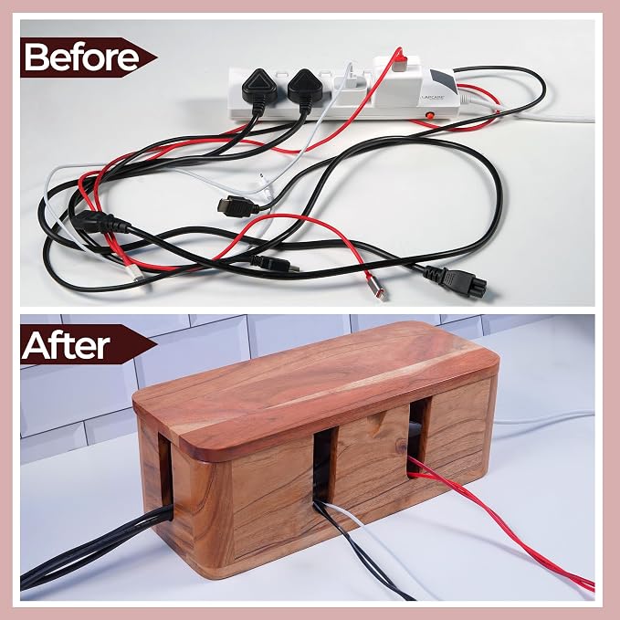 Acacia Cable Management Box - Rustic Design (Front Slots, Large) | Acacia Wood, Cable Organizer, Rustic Style, Modern Design, Desktop Storage