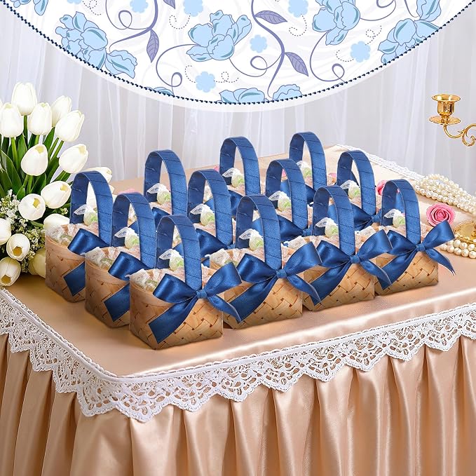 12 Pcs Mini Flower Girl Basket Mini Woven Baskets with Handles Wood Chip Flower Fruit Picnic Holder with Dark Blue Ribbon Chip Bucket for Wedding Party Gifts Baby Shower Birthday Decoration