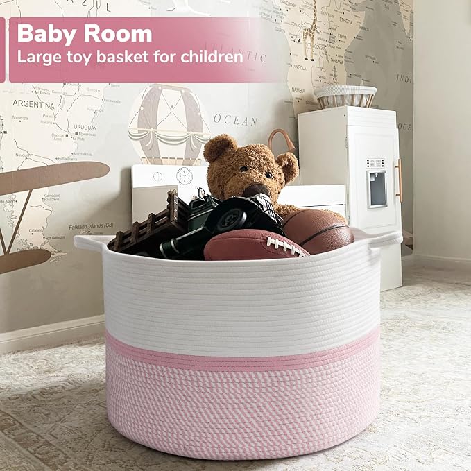 CHICVITA XXL Cotton Rope Woven Blanket Basket with Handles, Pink | Extra large storage basket doubles as clothes and laundry hamper. Decorative, 22x22x14 inches