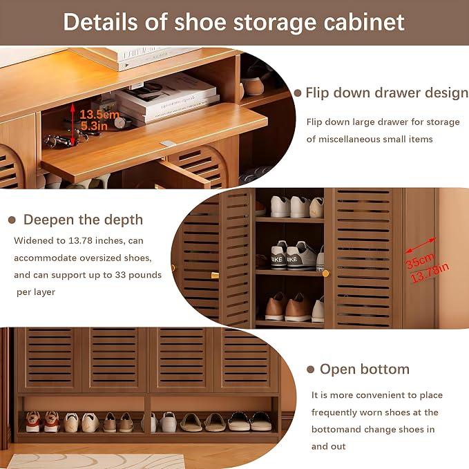 Shoe Cabinet with Louvered Doors, Freestanding Entryway Shoe Storage Cabinet with Drawer & Open Compartment, Modern Bamboo Shoe Rack Organizer with Shelves for Closet