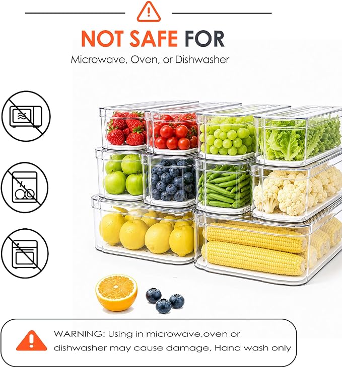 SMRCAD Clear Fridge Bins with Drain Trays - BPA-Free PET, Stackable | 10 Pack: 10 lidded Bins, Helps Keep Produce Fresh, 17.4L Capacity, Hand Wash Only