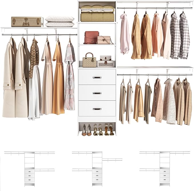 120 Inches Closet System, 10FT Walk In Closet Organizer with 3 Shelving Towers, Heavy Duty Clothes Rack with 3 Drawers, Built-In Garment Rack, 120" L x 16" W x 75" H, Max Load 1300 LBS, White