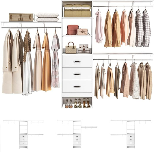 120 Inches Closet System, 10FT Walk In Closet Organizer with 3 Shelving Towers, Heavy Duty Clothes Rack with 3 Drawers, Built-In Garment Rack, 120" L x 16" W x 75" H, Max Load 1300 LBS, White