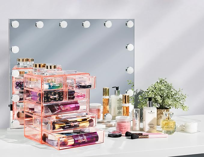 Sorbus Acrylic Makeup Organizer Set, 7-Drawer Vanity & Countertop Cosmetic Storage with Small & Wide Drawers, Pink Makeup Storage for Brushes, Lipsticks, Jewelry – Holiday Gift for Women & Teens