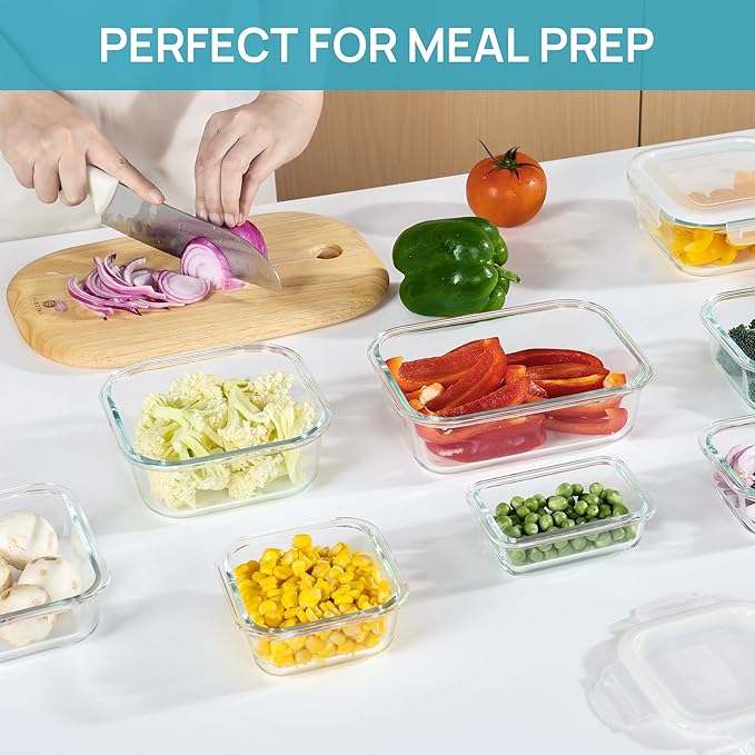 Vtopmart 8 Pack Glass Food Storage Containers with Airtight Lids | Meal Prep Lunch Containers, Leakproof, Leftover Storage, Take-out, Microwave, Oven, Freezer and Dishwasher Safe, BPA Free