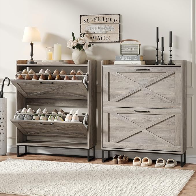 Maupvit Shoe Cabinet with 2 Flip Drawers, Freestanding Shoe Cabinet Organizer with Metal Legs, Shoes Storage Cabinet for Entryway, Narrow Shoe Rack Cabinet, Washed Gray