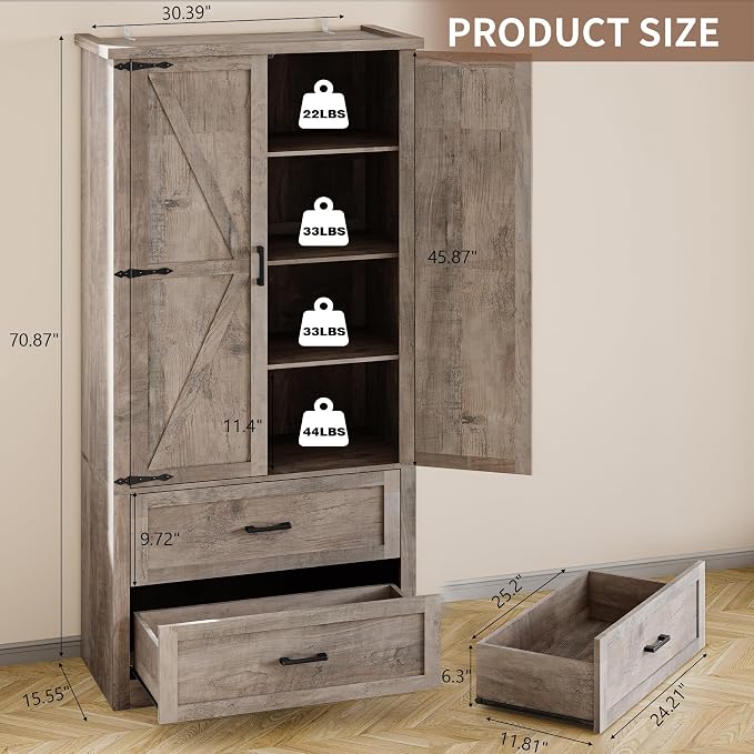 BORNOON Pantry Organizers and Storage Cabinet, 71” Barn Door White Kitchen Cabinet with Drawers and Adjustable Shelf, Tall Pantry for Kitchen, Dining Room, Living Room. Bathroom and Office