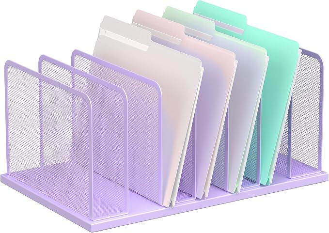 Kuntine.B 7-Section Upright Desk File Organizer Purple 1 Pack | Vertical, Mesh, Metal, Assembly, Stability, Sturdiness, Organization, Standing