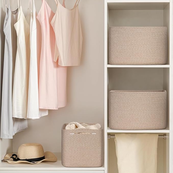 Baskets for Organizing,Storage Baskets,3 Pack Baskets for Shelfves,15"×10"×9" Woven Brown Basket,toy storage bins,bins for organization