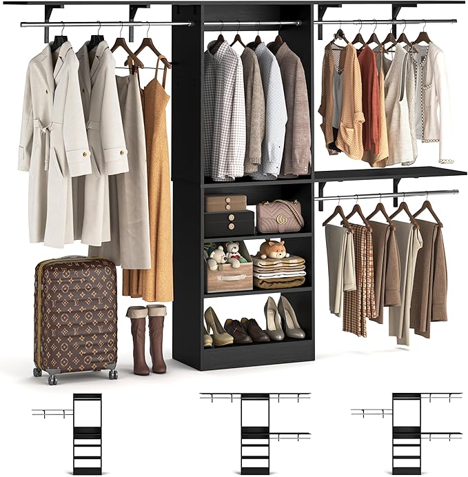 8FT Closet System with 3 Wooden Storage Shelves, 96'' Closet Organizer System with 3 Hanging Rods, Wall Mount Bedroom Wardrobe Walk-in Closet, Adjustable Garment Rack from 5 to 8FT (Cut to Fit), Black