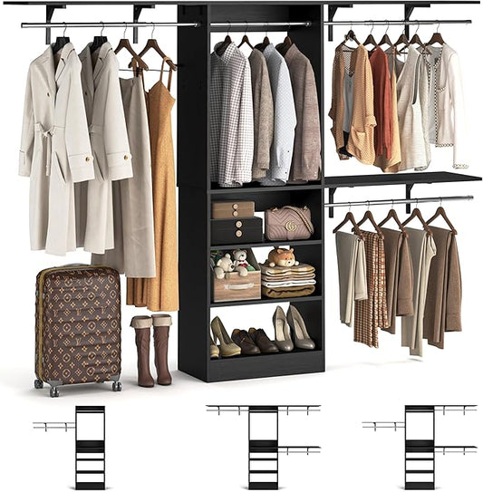 8FT Closet System with 3 Wooden Storage Shelves, 96'' Closet Organizer System with 3 Hanging Rods, Wall Mount Bedroom Wardrobe Walk-in Closet, Adjustable Garment Rack from 5 to 8FT (Cut to Fit), Black