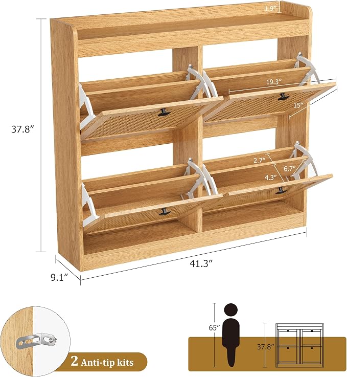 Garvee Shoe Storage Cabinet with 4 Flip Drawers, Wood Shoe Cabinet with Rattan Doors and Adjustable Shelves- Freestanding Shoe Organizer for Entryway, Hallway