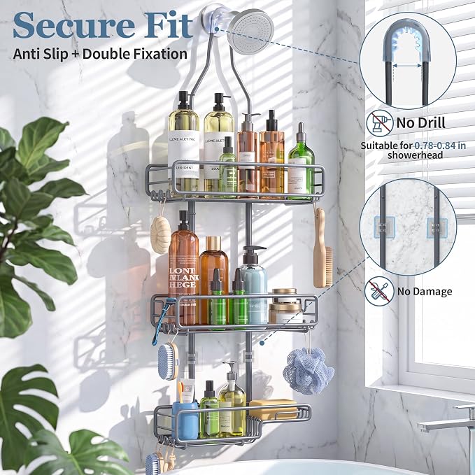 Skyapex Shower Caddy Hanging Bathroom Organizer: Over Head Adjustable Rack for Tall Showerhead - Extra Large Storage Shelf for Big Shampoo Bottles with Soap Holder (Grey)