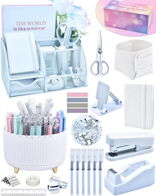 LXEVIHK 20Pcs White Desk Organizers and Accessories With Mesh Desk Organizer and 360°Rotating Pen Holder and a Lot of Office White Office Supplies Beautifully Presented in a Gift Box