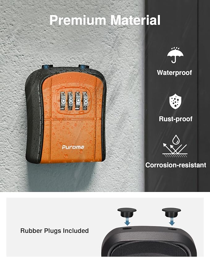 Puroma Key Lock Box, Portable Combination Lockbox Wall-Mounted Key Storage Box for House Keys, Resettable Code Safe Security Lock Box for Home, Office, Apartment Spare Key Storage (1 Pack, Orange)
