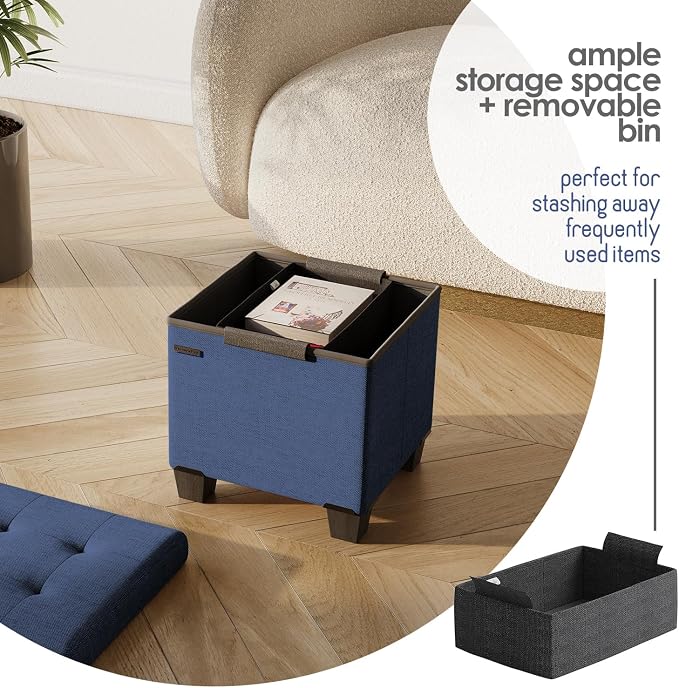 Storage Ottoman Cube with Small Bin, 15-in Square Ottoman with Storage for Living Room and Bedroom, Small Ottomans Foot Rest, Fabric Foot Stools Ottomans Max 330lbs, Blue