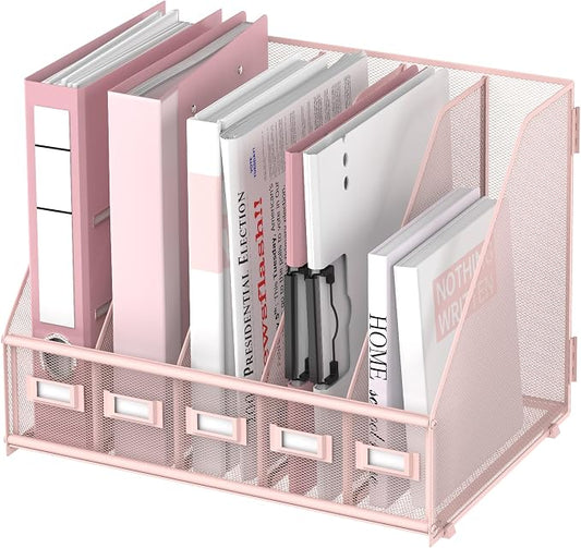 SUPEASY Desk Organizers Metal Desk Magazine File Holder with 5 Vertical Compartments Rack File Organizer for Office Desktop, Classroom, Home Workspace, Pink Plus